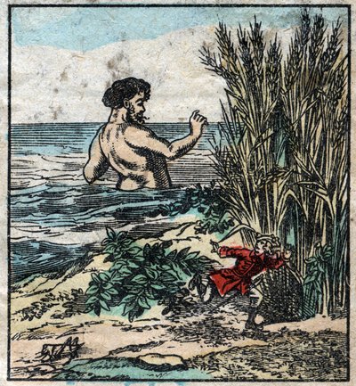 Lemuel Gulliver ukrywa się przed gigantem w Brobdingnag. Ilustracja do „Podróży Guliwera” Jonathana Swifta (1667-1745). Obrazowanie epinal pod koniec XIX wieku. autorstwa French School