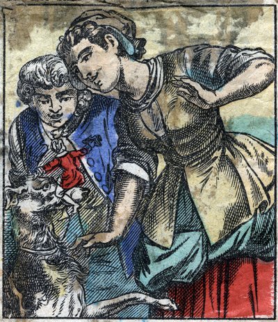 Lemuel Gulliver w krainie gigantów Brobdingnag. Ilustracja do „Podróży Guliwera” Jonathana Swifta (1667-1745). Obrazowanie epinal pod koniec XIX wieku. autorstwa French School