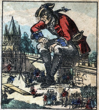 Lemuel Gulliver siedzący na murach obronnych miasta wyjaśnia strategię liliputowskiej armii. Ilustracja do „Podróży Guliwera” Jonathana Swifta (1667-1745). Obrazowanie epinal pod koniec XIX wieku. autorstwa French School