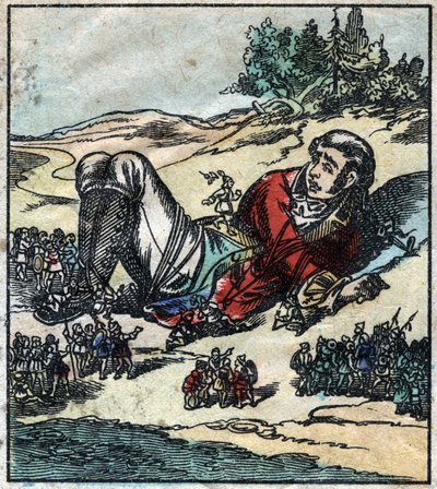 Lemuel Gulliver obudził się po rozbiciu statku i został wzięty do niewoli przez Lilliputów. Ilustracja do „Podróży Guliwera” Jonathana Swifta (1667-1745). Obrazowanie epinal pod koniec XIX wieku. autorstwa French School