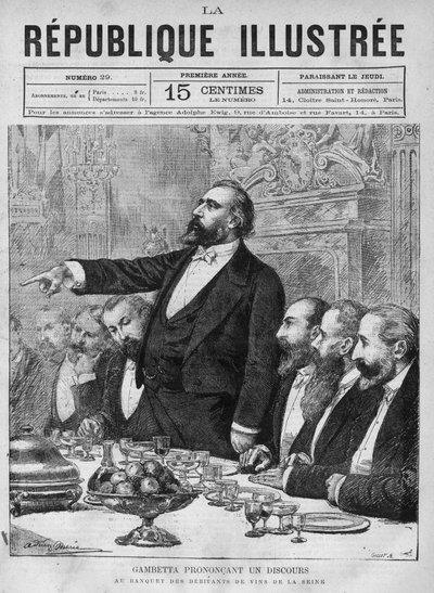 Leon Gambetta (1838-1882) wygłasza przemówienie na bankiecie winiarni z Sekwany. Gazeta. Rycina z 1880 r. w prywatnej kolekcji „La republique illustree”. autorstwa French School