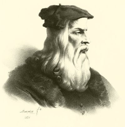 Leonardo Da Vinci, portret (grafika) autorstwa French School