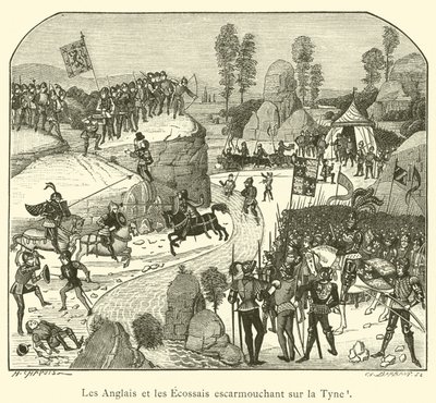 Anglicy i Szkoci w potyczce nad rzeką Tyne (grafika) autorstwa French School