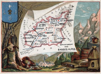 Les Basse Alpes (Basse-Alpes), dziś departament Alpes-de-Haute-Provence (Alpes de Haute-Provence 04), Francja. Lokalna specjalność: myślistwo, wosk, miód, bakalie i olej. Seria o francuskich departamentach. Chromolitografia (Chromo) „” geograficzna autorstwa French School