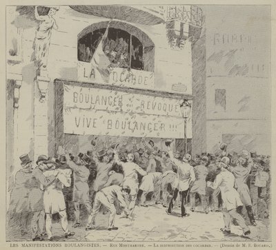 Les Manifestations Boulangistes, Rue Montmartre, La distribution des cocardes (rycina) autorstwa French School