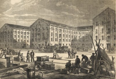 Les docks de Rouen en en 1866 - Doki w Rouen w 1866 r. - grawerowanie autorstwa French School