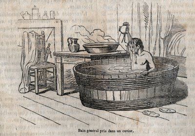 Gesty w kąpieli - Higiena w XIX wieku - kąpiel w misce - grawer w „La Sante Universelle - Guide Medical des Familles” 1852 autorstwa French School