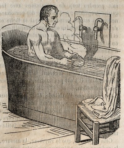 Gesty w kąpieli - Higiena w XIX wieku - mężczyzna w wannie - grawer w „La Sante Universelle - Guide Medical des Familles” 1852 autorstwa French School