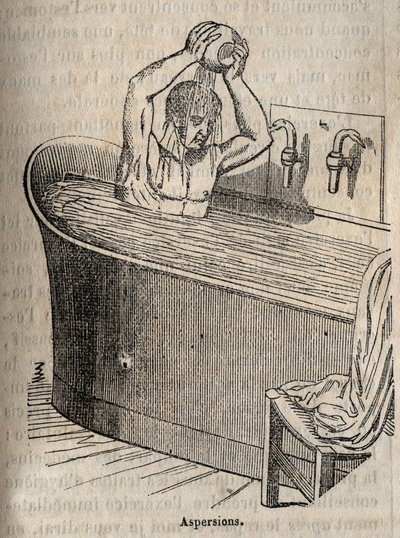 Gesty w kąpieli - Higiena w XIX wieku - mężczyzna w wannie - grawer w „La Sante Universelle - Guide Medical des Familles” 1852 autorstwa French School