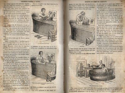 Gesty w kąpieli - Higiena w XIX wieku - mężczyzna w wannie - grawer w „La Sante Universelle - Guide Medical des Familles” 1852 autorstwa French School