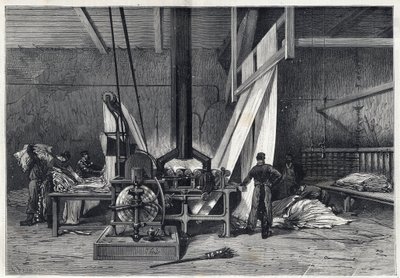 Duże fabryki - Dyeing erie Boutarel w Clichy la Garenne - Le mesh des Etoffes - grawerowanie z 1869 roku autorstwa French School