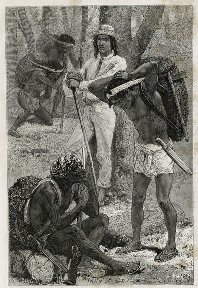 Les porters (caucheros), w Darien (region wschodniej Panamy), grawerowanie według rysunku D.Maillarta, aby zilustrować historię Eksploracja przesmyków Panamy i Darien przez A. Reclusa, porucznika statku, w latach 1876-1878 , opublikowany w tour du mo autorstwa French School