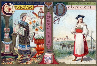 Litera C jako Wielka Chinka i D jako Węgierka Debreczyna. Alfabet kobiet. Seria 12 obrazów. Reklama Liebiga autorstwa French School