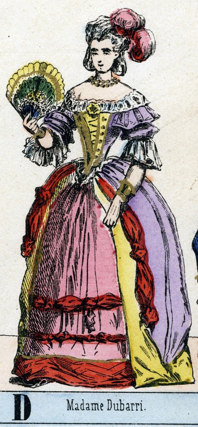 Litera D jak pani Dubarri. Portret Joanny Becu, dit de Cantigny, hrabiny du Barry (1743-1793) ulubiona Ludwika XV, króla Francji. Abecedary Muzeum Teatralnego. Obraz Epinal, ok. 1830. Wymiary: 37,7x47,5cm. Grawerowanie na drewnie, z szablonem autorstwa French School