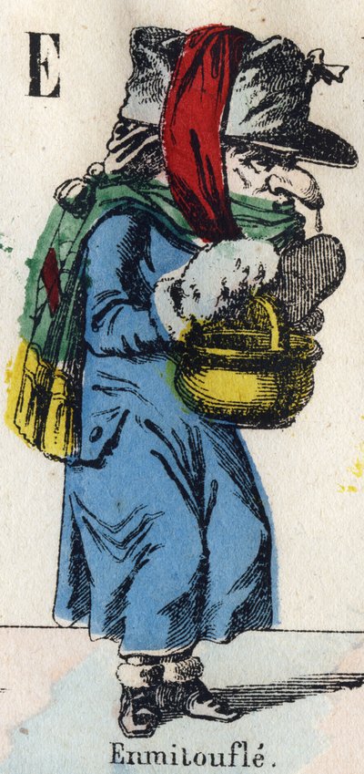 Litera E: Wrap (Okład z futer i tkanin, aby się ogrzać). Grawerowanie w „Komiks alfabetu”. Nowe obrazowanie Epinal. Litografia Pinot et Sagaire, redaktorzy, w latach 1860-1888. Tabliczka nr 491 z 25 podświetlanymi literami. Wymiary: 40,5x28cm. Prywatna kol autorstwa French School