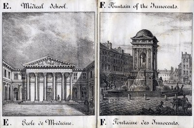 Litera E i F: Szkoła Medyczna i Fontanna Niewiniątek - „Alfabet Malowniczy des Monumens de Paris” ok. 1840 (rycina) autorstwa French School