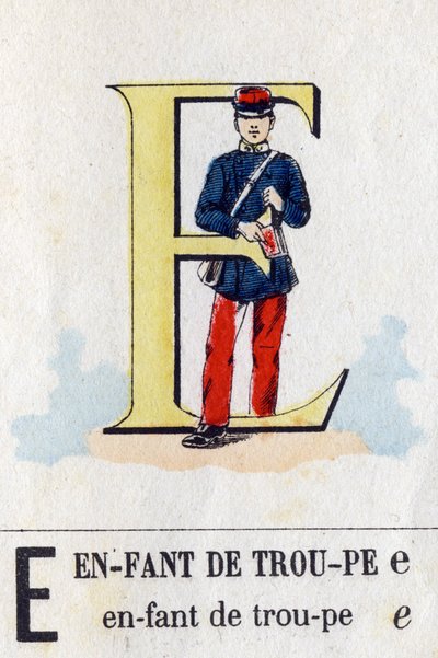Litera E jako dziecko oddziału. Alfabet wojskowy. Obraz Epinal, około 1870-1880. Drzeworyty w kolorze wzornikowym autorstwa French School