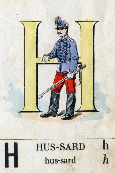 Litera H jako huzar. Alfabet wojskowy. Obraz Epinal, około 1870-1880. Drzeworyty w kolorze wzornikowym autorstwa French School