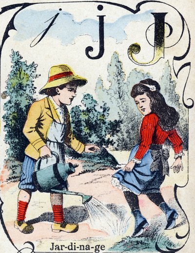 Litera J: Ogrodnictwo. Grawerowanie w "ABC des joux pour petits boys". Obraz Pont-a-Mousson, Louis Vagne, drukarz-wydawca, koniec XIX wieku. Wymiary: 32,5x25 cm autorstwa French School