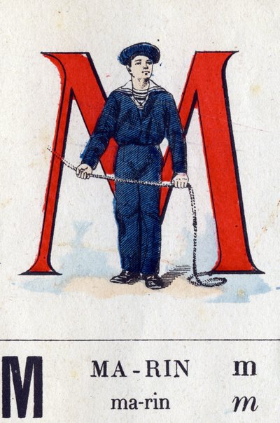 Litera M jako Marin. Alfabet wojskowy. Obraz Epinal, około 1870-1880. Drzeworyty w kolorze wzornikowym autorstwa French School