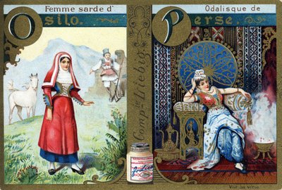 Litera O jako Sardynka z Osilo i P jako Odalisk z Persji. Alfabet kobiet. Seria 12 obrazów. Reklama Liebiga autorstwa French School