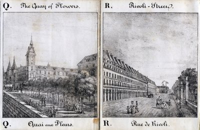 Litera Q i A: Kwiecisty dok i ulica Rivoli - "Alphabet Picturesque des Monumens de Paris" ok. 1840 r. (rycina) autorstwa French School