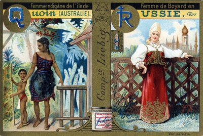 Litera Q jako rdzenna kobieta z wyspy Quoin i R jako kobieta Bojarzy w Rosji. Alfabet kobiet. Seria 12 obrazów. Reklama Liebiga autorstwa French School