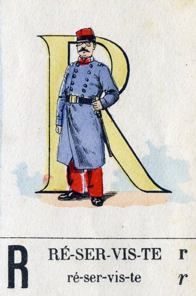 Litera R jako rezerwista. Alfabet wojskowy. Obraz Epinal, około 1870-1880. Drzeworyty w kolorze wzornikowym autorstwa French School