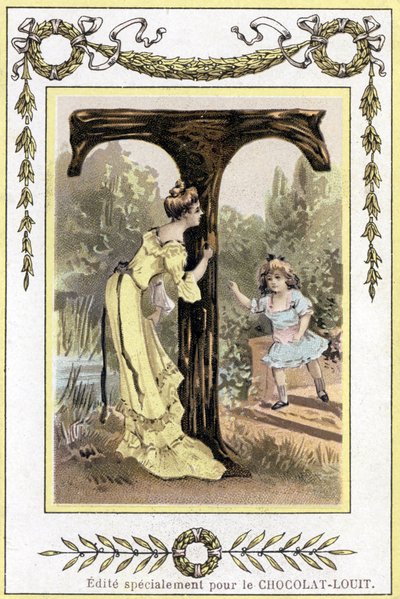 Litera T przedstawiająca matkę i córkę bawiące się w chowanego, koniec XIX w. (chromolitografia) autorstwa French School