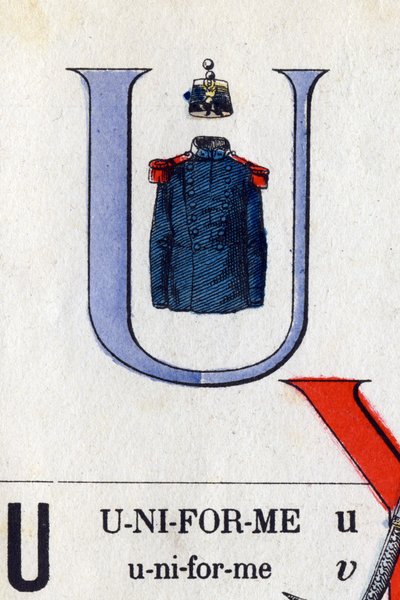 Litera U jako jednolite. Alfabet wojskowy. Obraz Epinal, około 1870-1880. Drzeworyty w kolorze wzornikowym autorstwa French School
