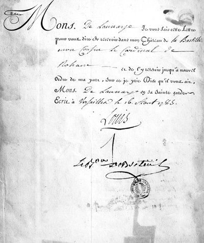 List z Carhel, podpisany przez barona Louisa de Breteuil, nakazujący uwięzienie kardynała de Rohan w „Sprawie diamentowego naszyjnika”, 26 sierpnia 1785 (tusz na papierze) autorstwa French School