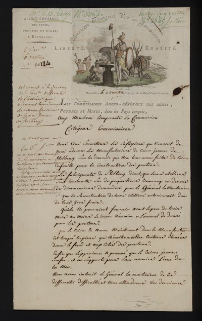 List z Agence Generale des Armes, Poudres et Mines, Bruksela, po aneksji południowych Holandii przez Francję autorstwa French School