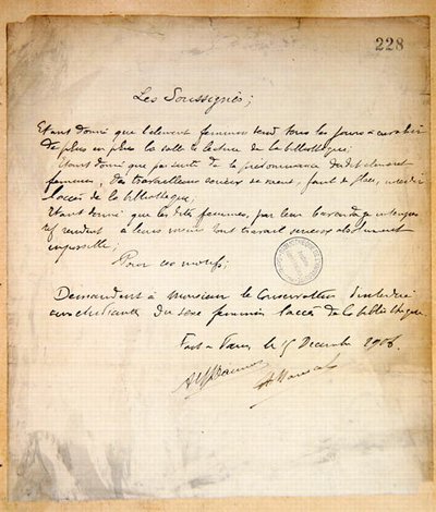 List protestacyjny z żądaniem odmowy wstępu kobiet do Biblioteki na Sorbonie autorstwa French School
