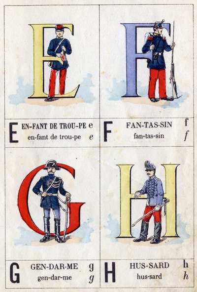 Litery E jako dziecko oddziału, F jako piechur, G jako lokaj i H jako huzar. ABC wojskowych. Obrazowanie Epinal autorstwa French School