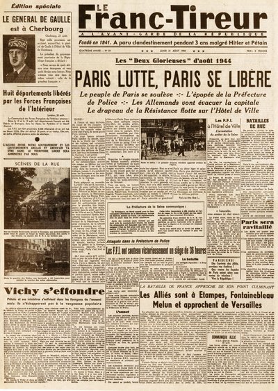 Wyzwolenie Paryża - FRANC TIROUR numer 38 z 21 sierpnia 1944 r. - Walki paryskie, paris ce libere autorstwa French School