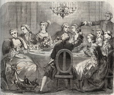 Wyzwolenie: Christian VII (1749-1808), król Danii i Norwegii, podczas libertyńskiej uczty zorganizowanej przez tancerkę Marie Madeleine Guimard (1743-1816) w jej domu Pantin. Grawerunek z 1871 roku w „Histoire Des Cocus Celebres” autorstwa Henry