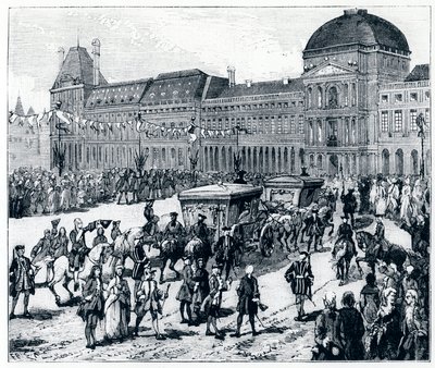 Życie za Ludwika XV: król przybywający do Palais des Tuileries, gdzie czekają na niego królowa i delfin – w „Paryżu przez wieki” Genouillaca autorstwa French School