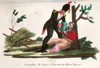 Grenadier liniowy udzielający pomocy rannemu żołnierzowi rosyjskiemu (rycina kolorowana) autorstwa French School