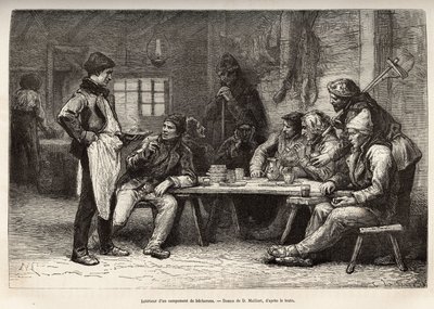 Wnętrze obozu woodcheron w Ontario, rycina wg rysunku D.Maillarda, ilustrującego wyprawę do Kanady i nad północną rzekę Czerwoną, H. De Lamotte, w 1873, opublikowana w „Le world tour”” 1875 , pod redakcją Edouarda autorstwa French School