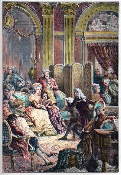 Salon Literacki - Czytanie „Paweł i Virginie” Jacquesa-Henri Bernardina z Saint-Pierre (Saint Pierre) w salonach Madame Necker w Paryżu - obok pani Necker jej męża Jacquesa Neckera i córki Germaine, później pani de. Stael - Wykład autorstwa French School