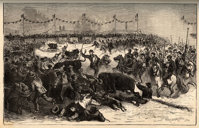 Znakowanie zwierząt hodowlanych - La ferrade en Camargue (festiwal organizowany podczas marquarge au fer rouge du cattle) - grawerowanie w „PATRIE” - PECTUREQUIREQUE OPIS FRANCJI W 6 TOMACH WG LUCIENA HUARDA - koniec XIX wieku autorstwa French School