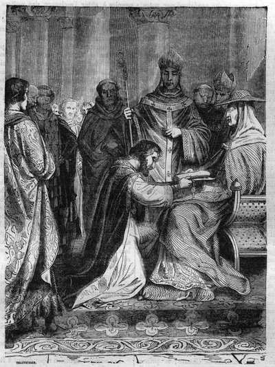 Lotharia I (795-855) u stóp papieża Adriana II (792-872). Grawer w „Historii papieży-królów-królowych i cesarzy na przestrzeni wieków” autorstwa Maurice Lachatre autorstwa French School