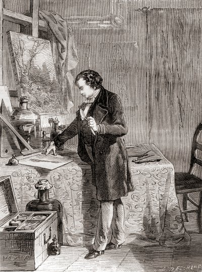 Louis-Jacques-Mandé Daguerre wynajdujący proces fotograficzny dagerotypii w XIX wieku, z Les Merveilles de la Science, opublikowanego ok. 1870 r. (rycina) autorstwa French School