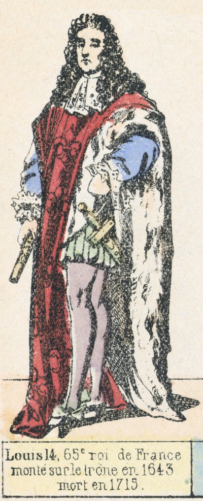 Ludwik 14, 65 król Francji, wstąpił na tron ​​1643, zmarł 1715 (kolorowa rycina) autorstwa French School
