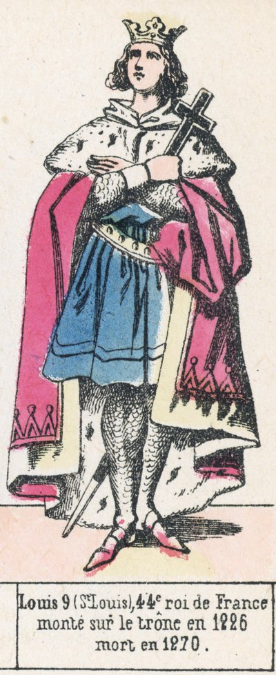 Ludwik 9 (św. Ludwik), 44. król Francji, wstąpił na tron ​​w 1226, zmarł w 1270 (kolorowa rycina) autorstwa French School