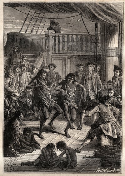Louis Antoine, hrabia Bougainville (1729-1811) przyjął mieszkańców zatoki Fortescue (Detroit of Magellan) na swojej łodzi „La Boudeuse”” w 1768 r. - ilustracja z „Wielkich marynarzy XVIII wieku” autorstwa French School