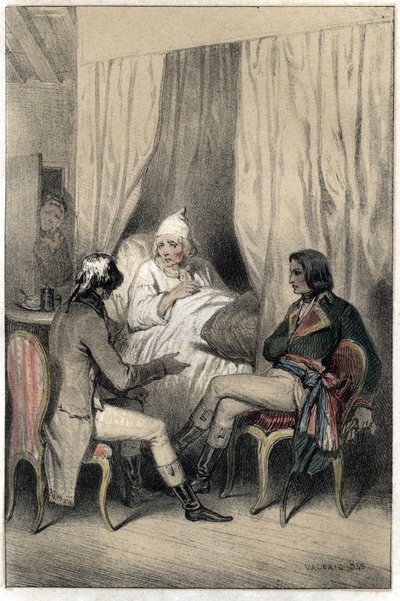 Louis Antoine Fauvelet de Bourienne (1769-1834), francuski dyplomata i administrator oraz generał Napoleon Bonaparte (1769-1821) poprosili chorego starego kapitalistę o pieniądze na kampanię włoską. Talerz zaczerpnięty z „”Sceny de la vie des hommes słynne autorstwa French School
