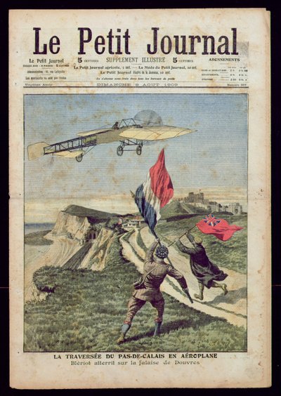 Louis Bleriot (1872-1936) lądowanie w Dover, z „Le Petit Journal”, 8 sierpnia 1909 (kolorowy grawerunek) autorstwa French School