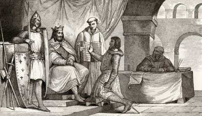 Ludwik II (848-79) odbiera przysięgę wierności od szlachcica, z "Histoire de France" Colarta, wydanej ok. 1840 r. autorstwa French School