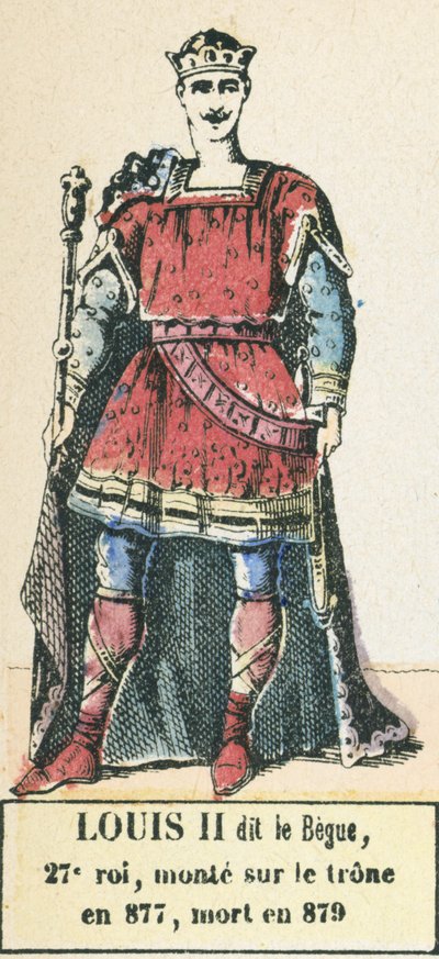 Ludwik II dit le Begue, 27 król, wstąpił na tron ​​w 877, zmarł w 879 (kolorowa rycina) autorstwa French School